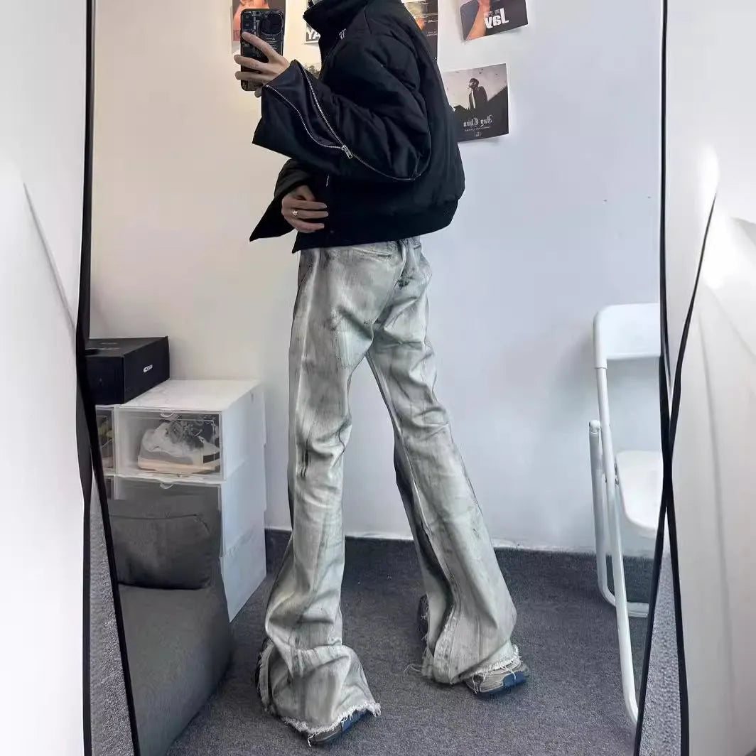 White cotton denim jeans with black ribbon gradient effect and heavy rough selvedge detailing
