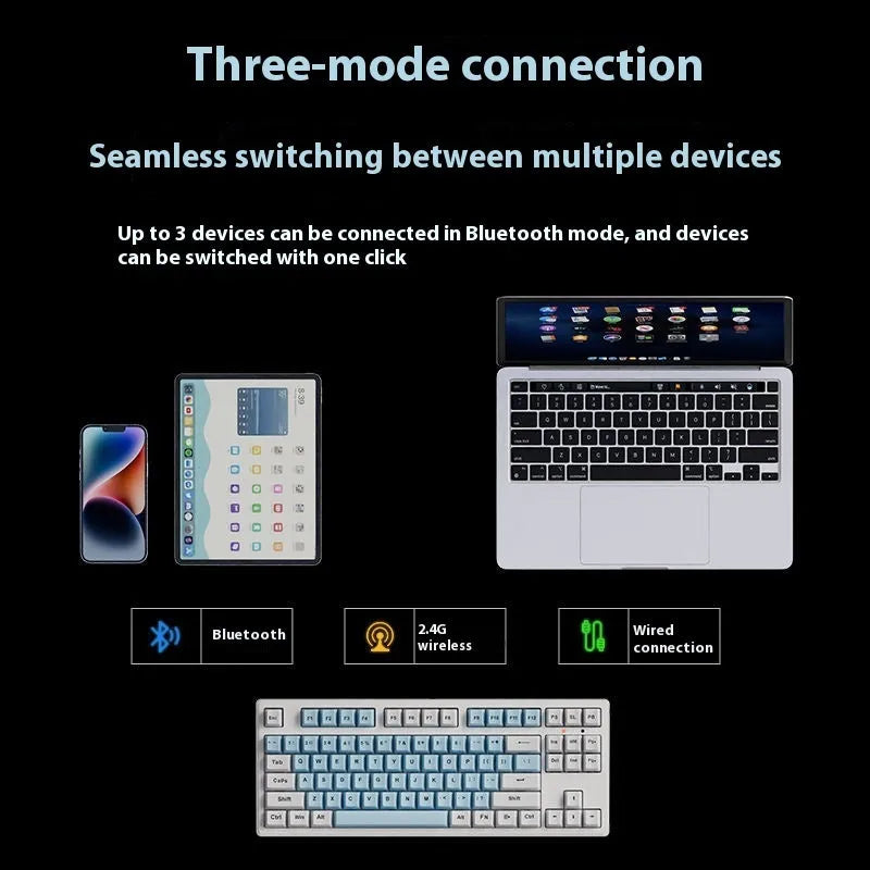 Wireless mechanical keyboard with triple connectivity showing blue and white colour matching design
