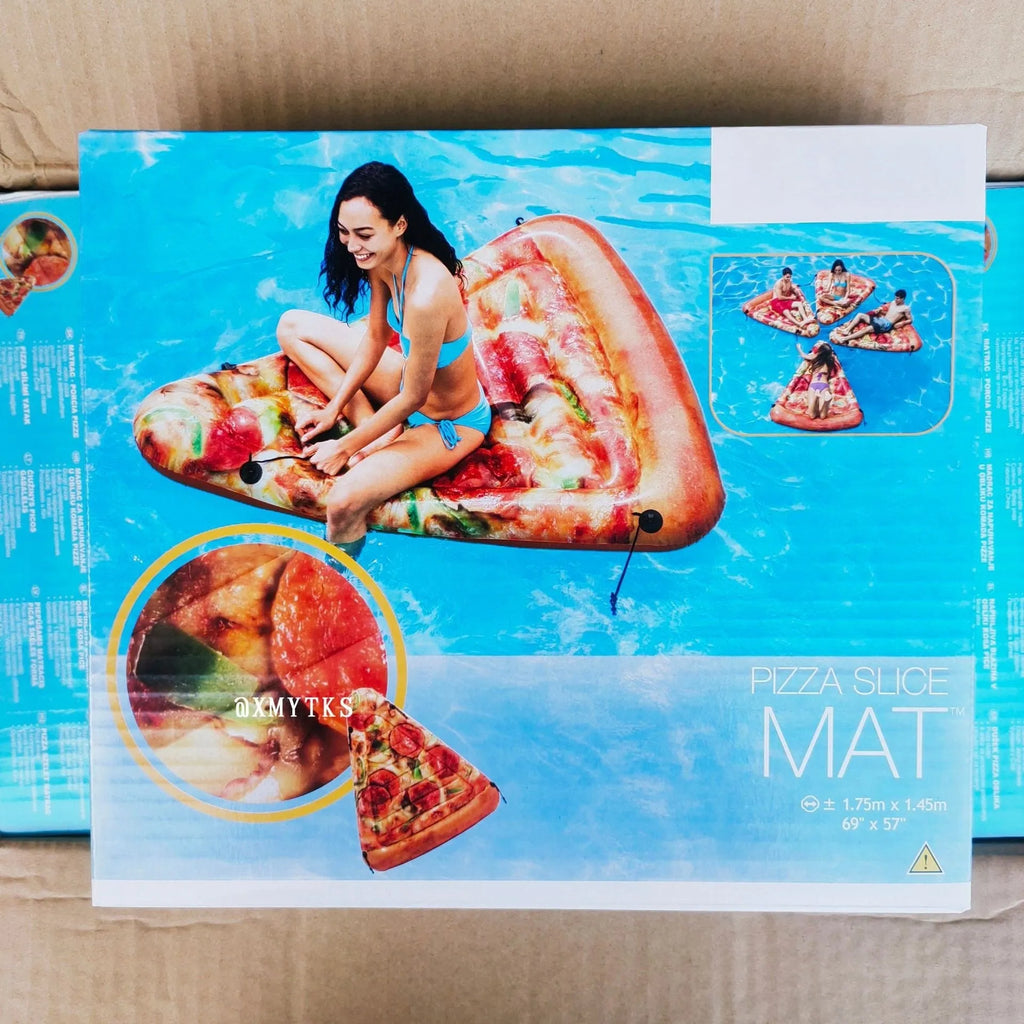 Colourful pizza inflatable surfboard recliner floating in pool