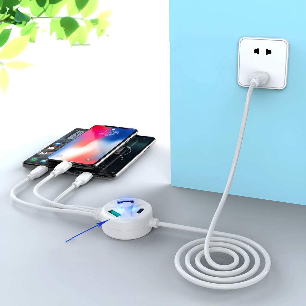 USB charging cable with Micro USB, Mini USB, and Type-C connectors showing 1.2 metre length