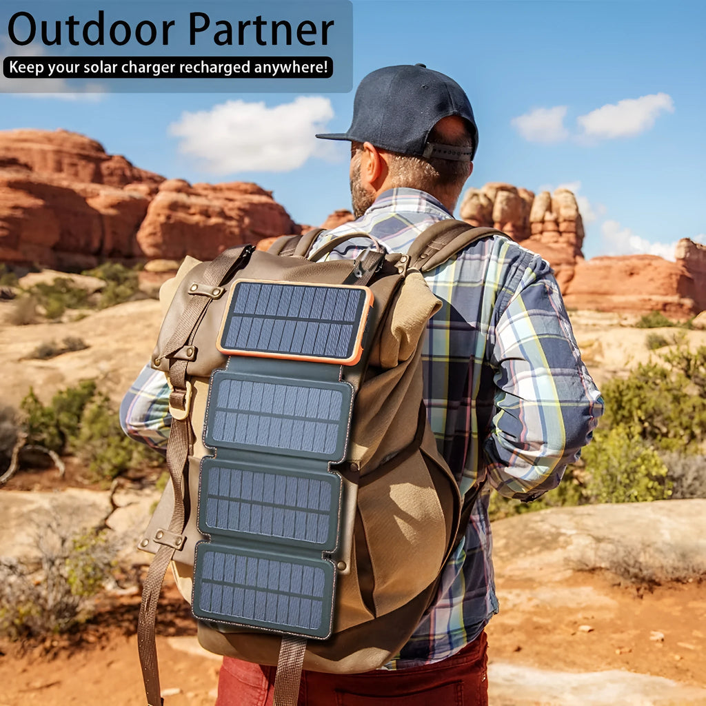 Outdoor rainproof solar phone charger with LED light in black, blue, green, or orange