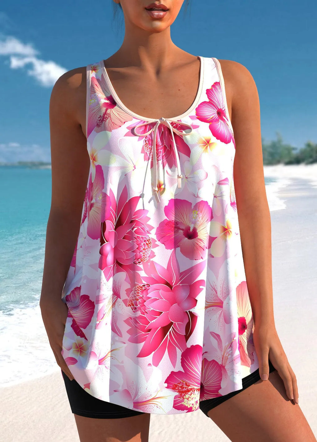 Plus size printed tankini swimsuit with high-waist briefs in pink printing colour