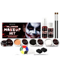 Halloween makeup set with fake blood spray, scar wax, liquid latex, and colour disc in compact containers