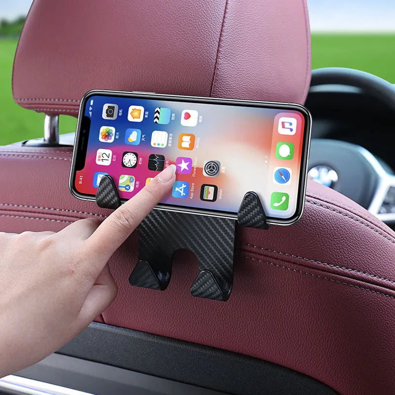 Black car hook and mobile phone bracket for rear seat storage organisation