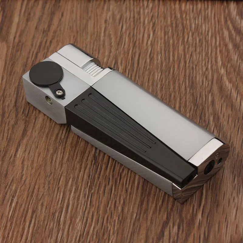 Foldable pipe lighter in No.1 silver square cover with metal flap closed, 9.2cm length, zinc alloy body