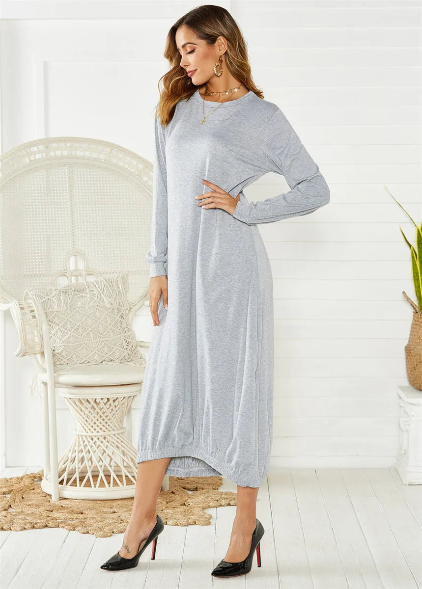 Black lantern dress with lace-up crew neck and loose silhouette casual style