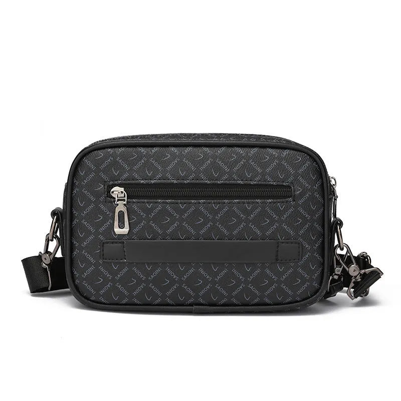Men's casual shoulder messenger bag in black PU with geometric pattern, large capacity, and top handle