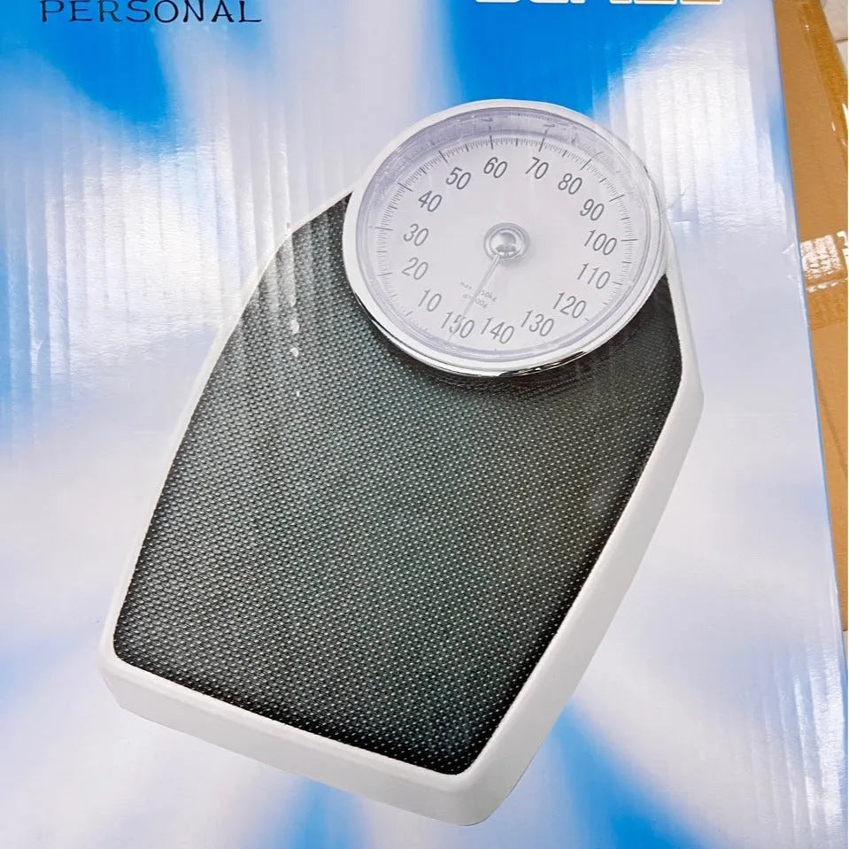 Black mechanical bathroom weighing scale with large dial on 47x35 cm platform
