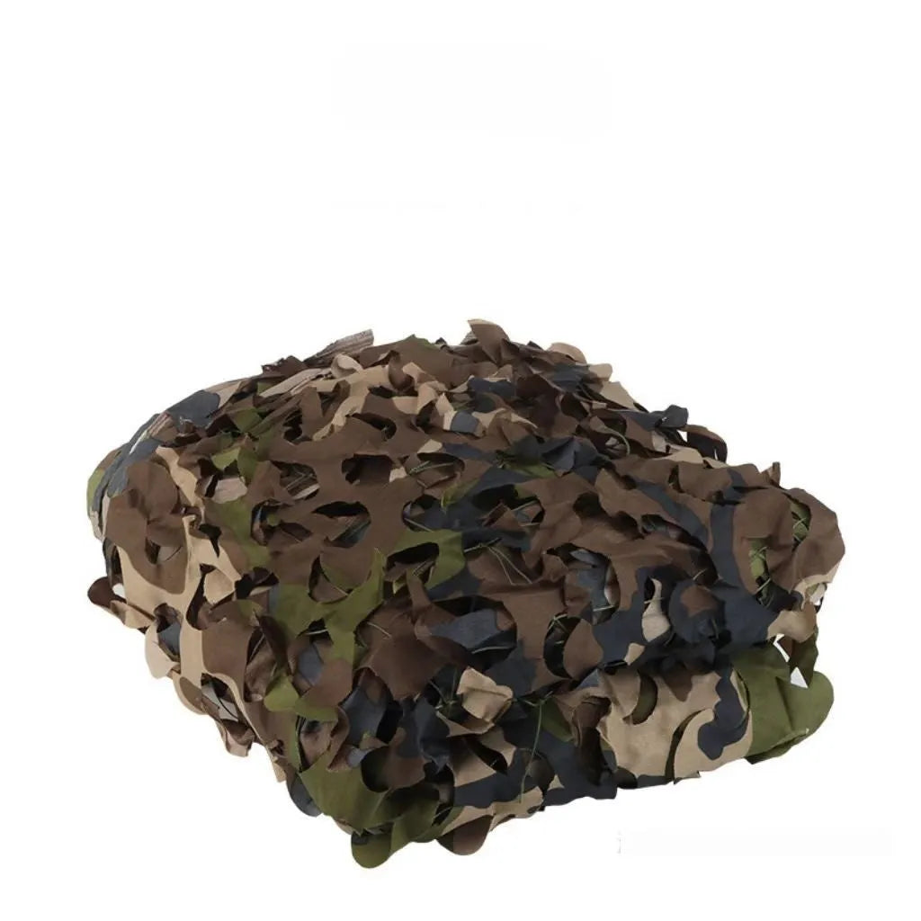Green camp camouflage netting set showing multiple terrain patterns including desert and snow camouflage on blocking net material