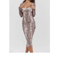 Grey slim fit lace dress with digital printed 3D pattern and long sleeves on a mannequin.