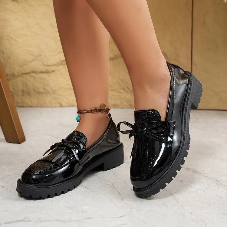 Women's brown and black loafers with bow detail in artificial PU leather for spring and autumn wear