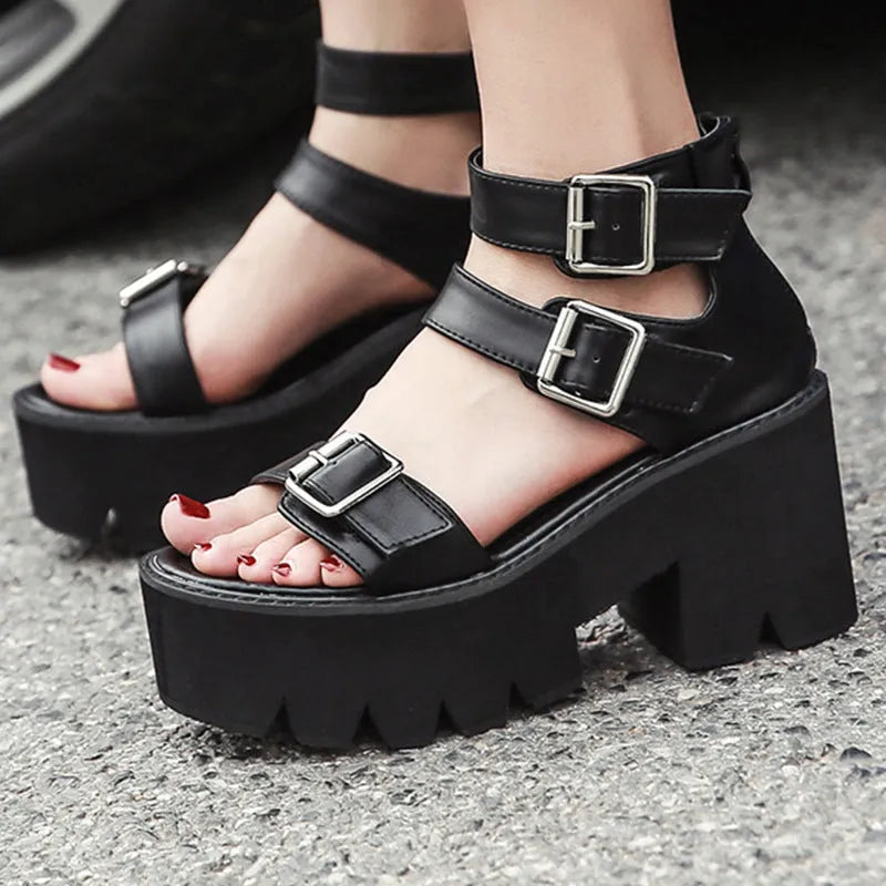 Punk Harajuku street women's sandals with chunky heel, round toe, and back zipper in black