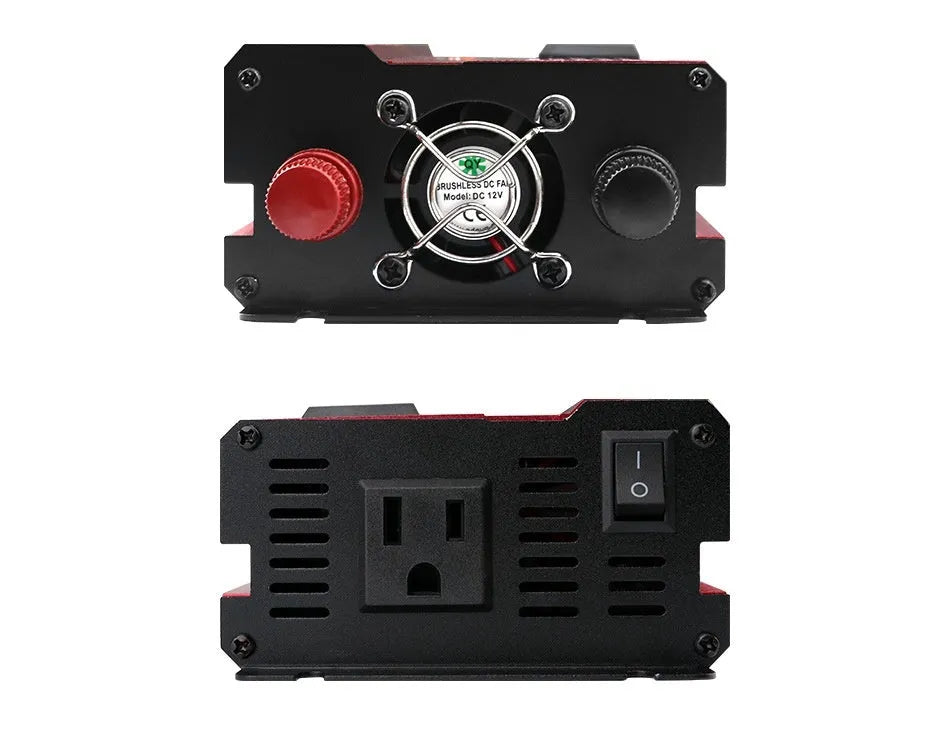 12V 24V to 110V 1200W car inverter with LED display, black, US outlet, air cooling fins visible