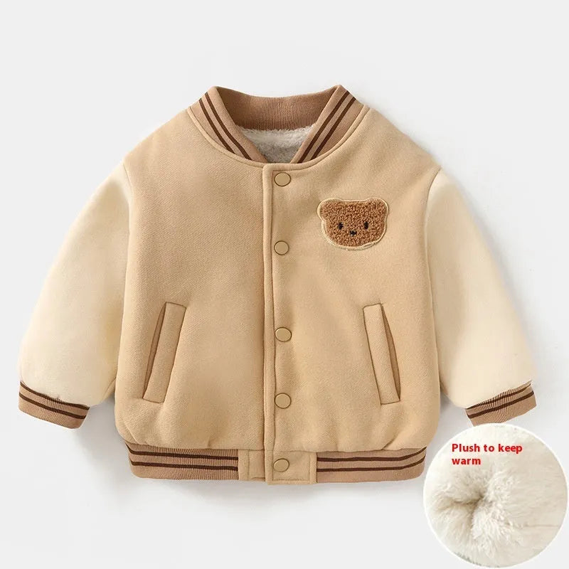 Children's fleece-lined baseball coat in cotton, light milk tea colour, with front buttons and stand collar