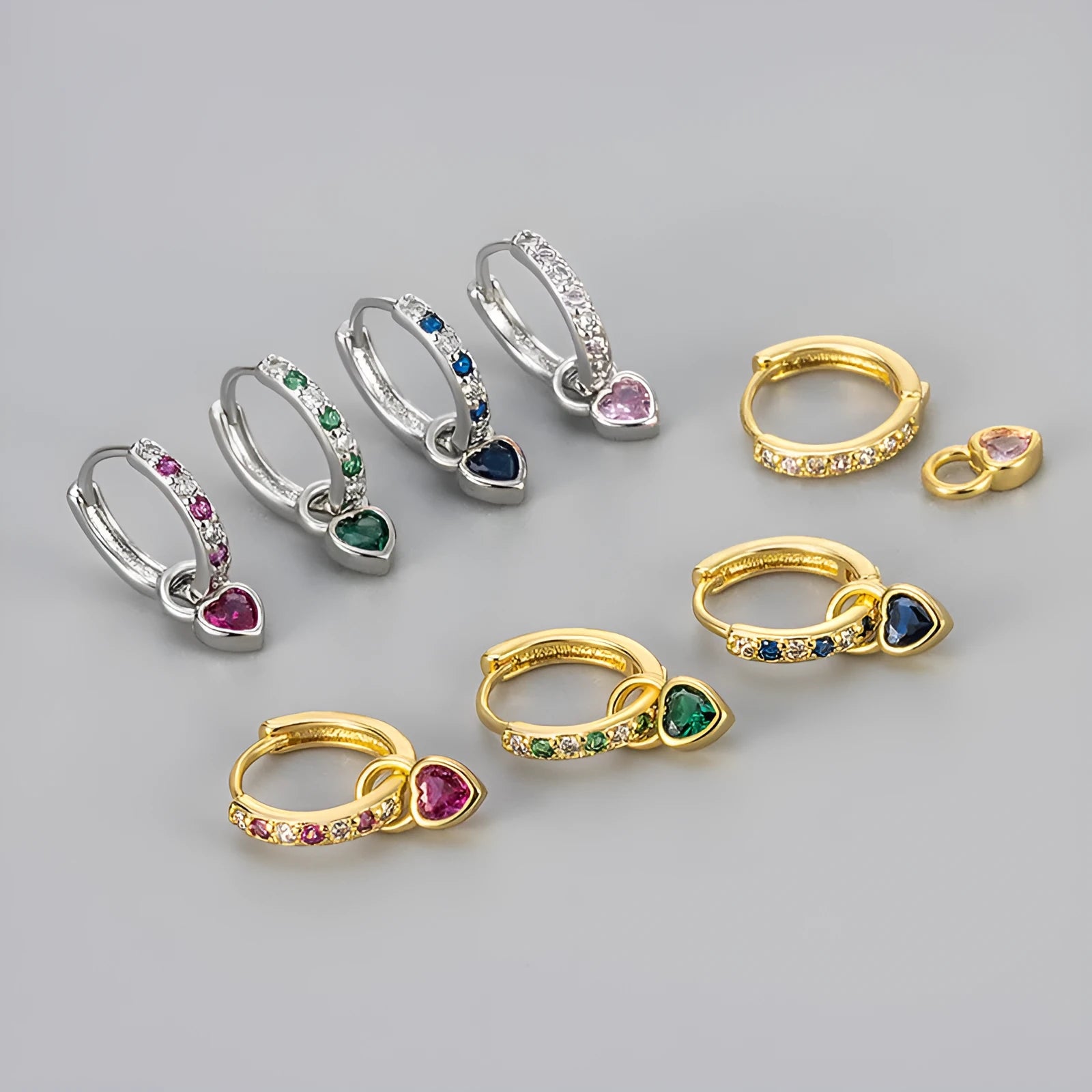 Women's zircon heart drop earrings in gold or white gold plating with coloured gemstones