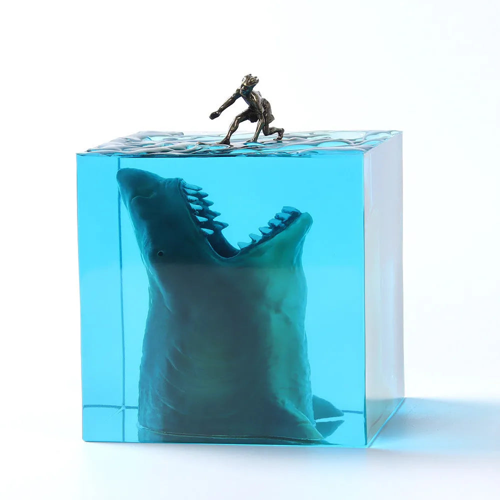 Ocean Shark Surfer micro landscape night light ornament, epoxy resin, 5cm or 8cm with lamp holder