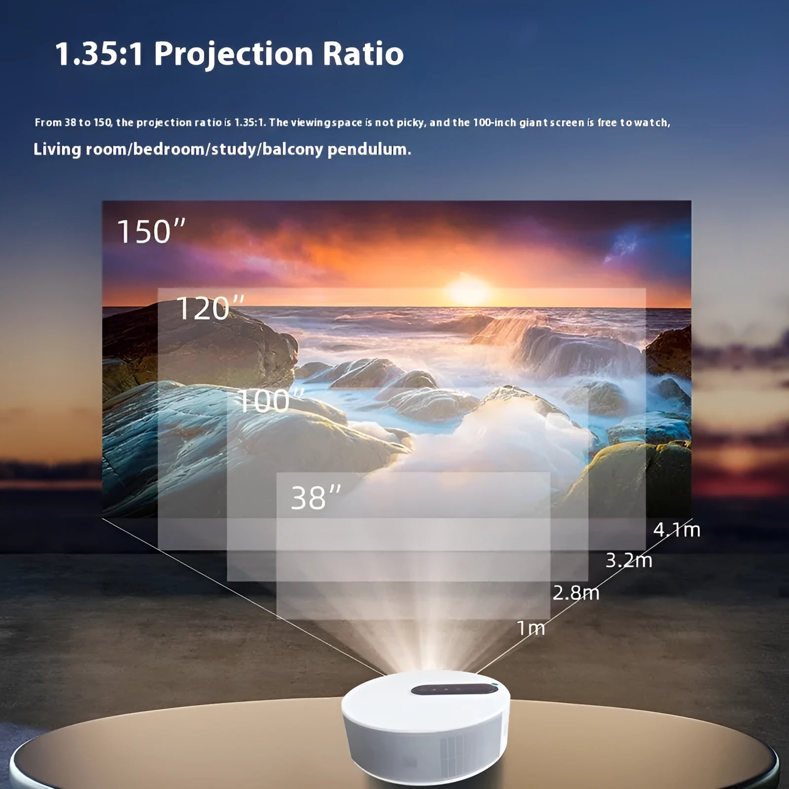 White HD home theatre projector with remote control showing 720p resolution specification