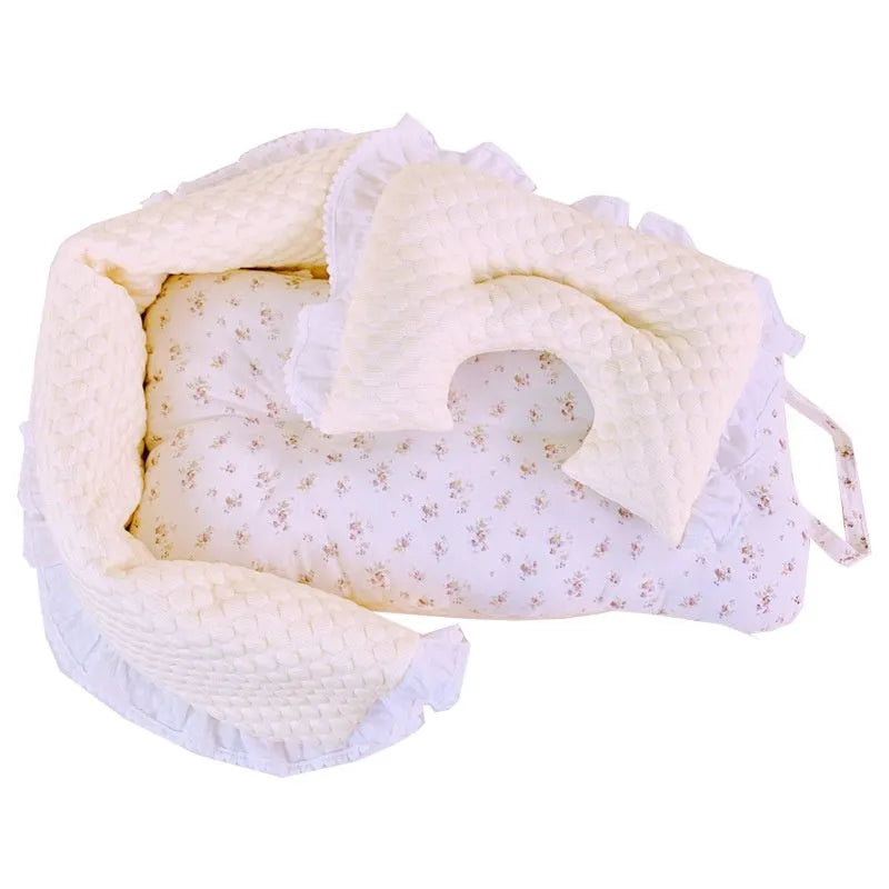 Pure cotton pet stroller three-piece set showing anti-dirty towel, cushion and pillow in striped pattern