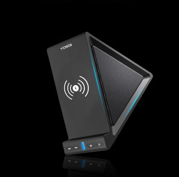 Black multifunctional Bluetooth speaker with integrated mobile phone stand and wireless charging capability