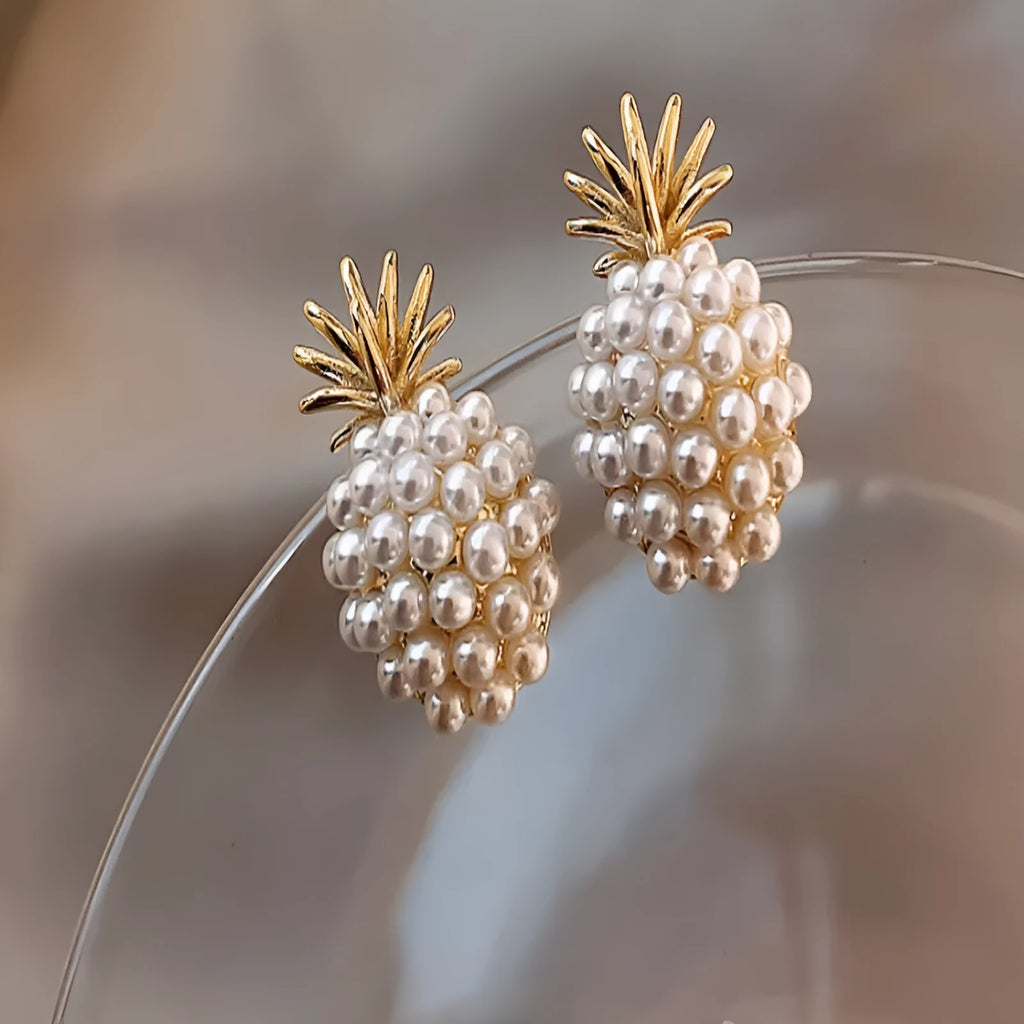 Korean style pineapple starfish pearl earrings in electroplated alloy with artificial gem inlays