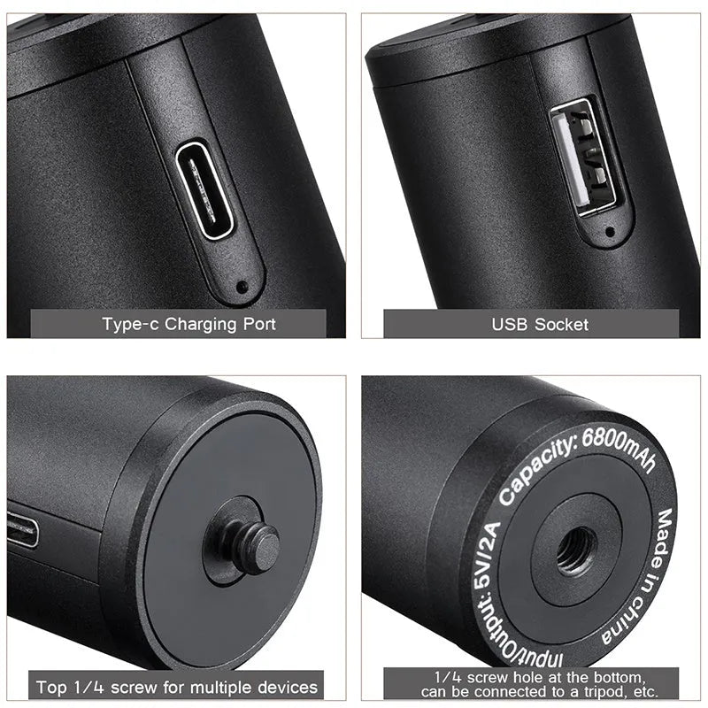Black aluminium alloy portable power bank with a carrying handle, showing front and side views.