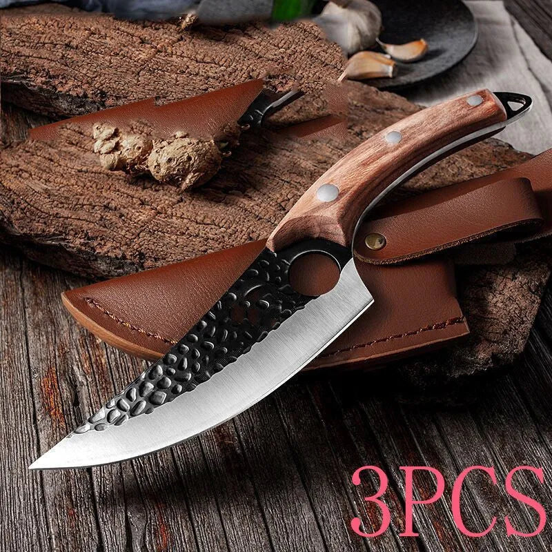 Slaughter cutting meat boning small scimitar knife with 5CrMoV15 high carbon steel hammer pattern blade and black handle, leather cover