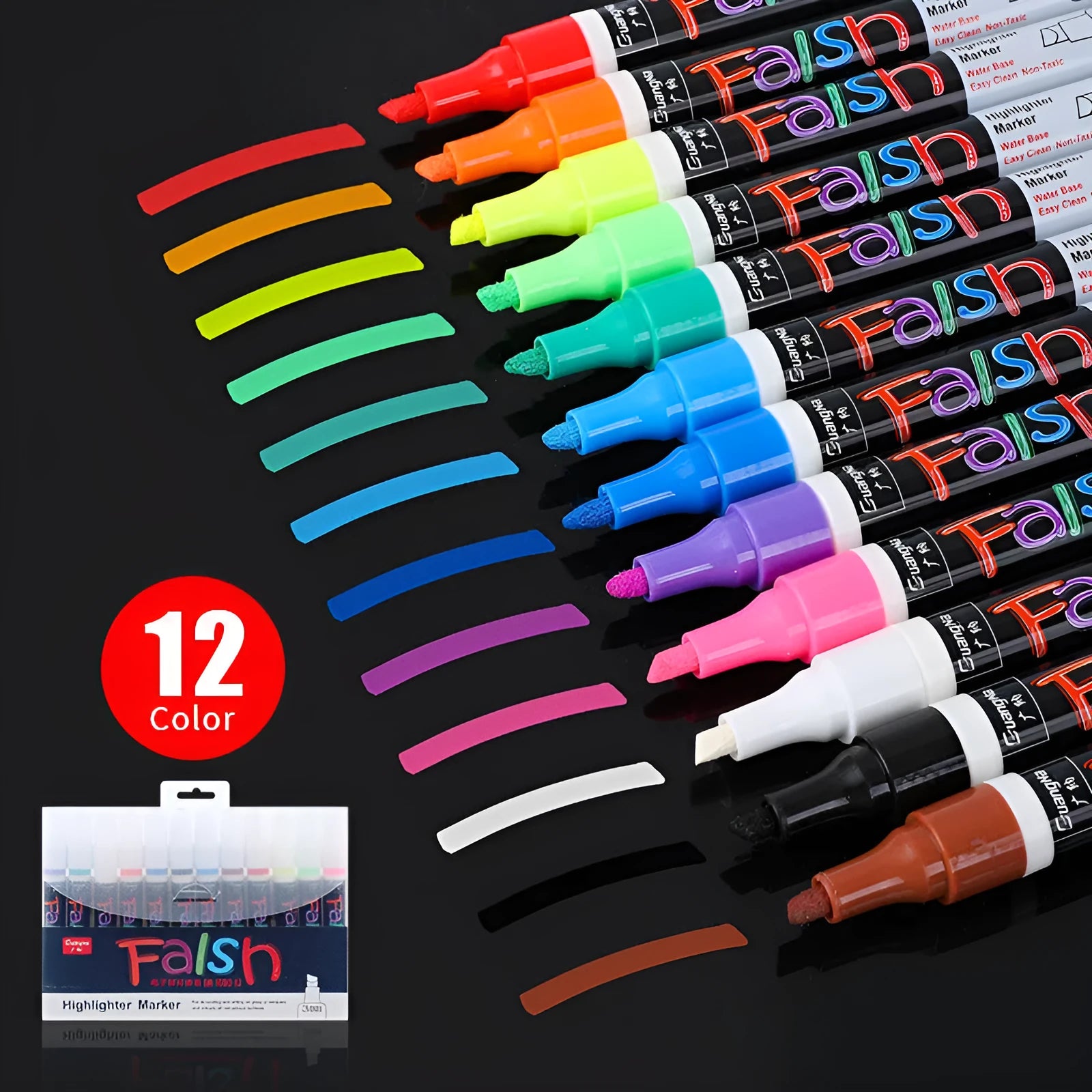 Electronic fluorescent plate highlighter with plastic shell and oblique tip, showing 8-colour and 12-colour set options.