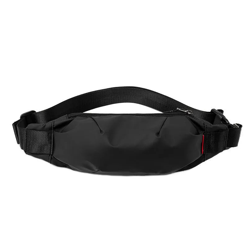 Black Oxford cloth crossbody waist pack showing multiple internal pockets and zipper closure