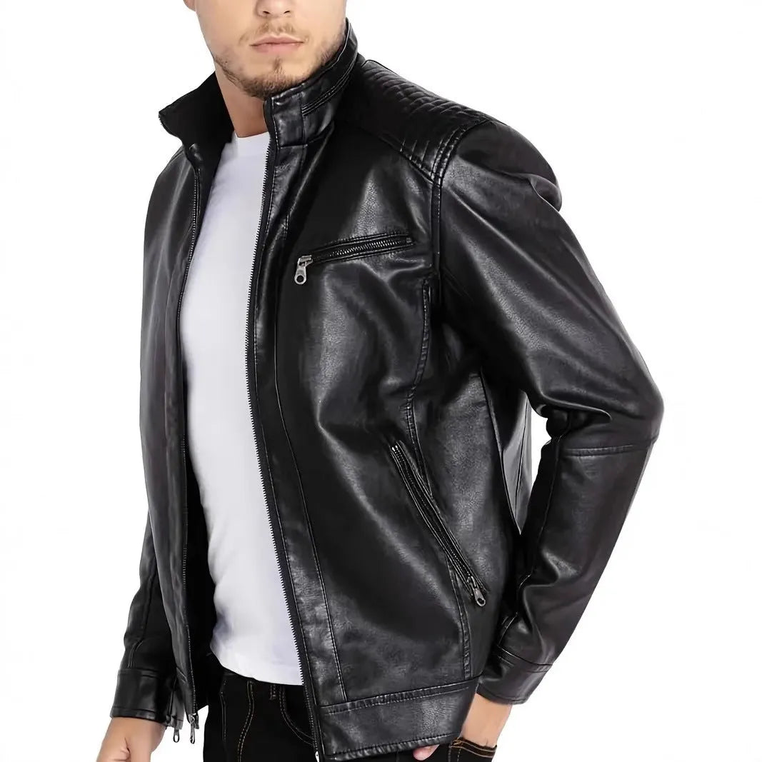 Men's artificial leather punk motorcycle jacket with stand collar in army green colour