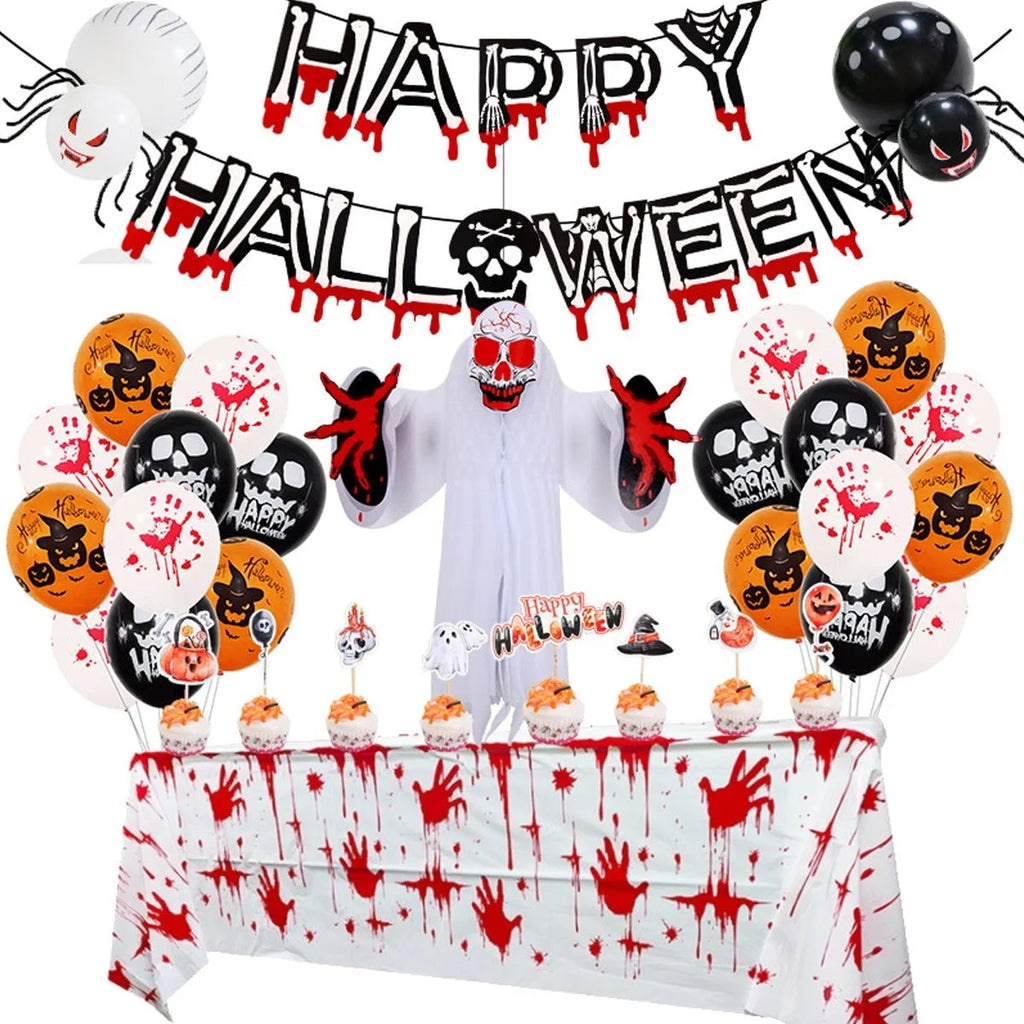 Halloween balloon combo showing white and black skull pumpkin and spider arch latex decorations