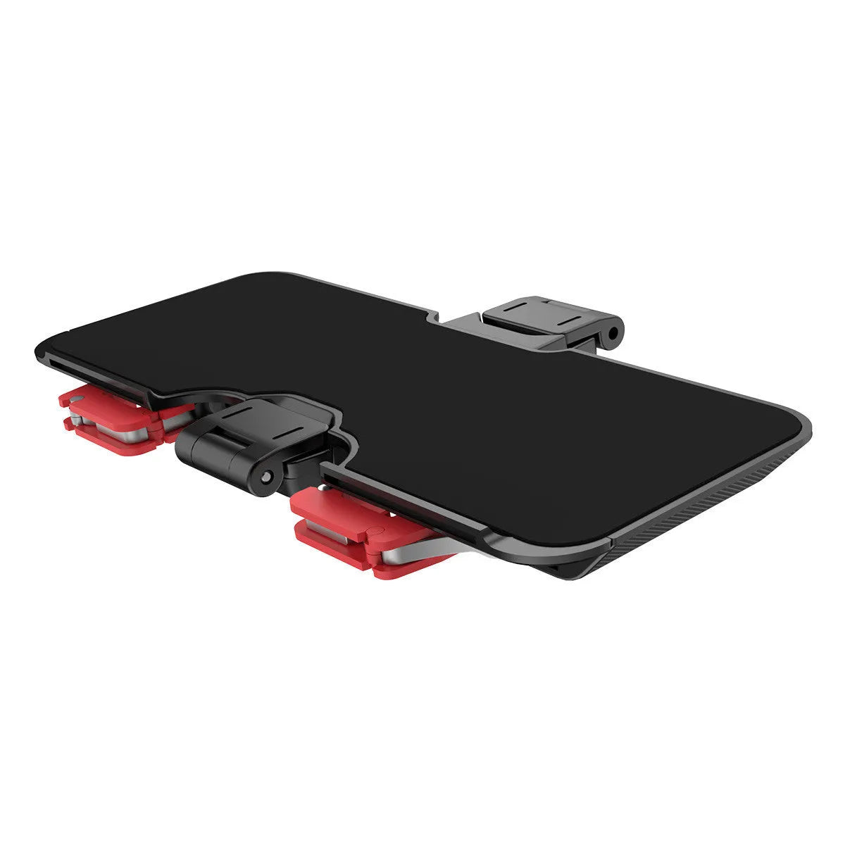 Black mobile gaming phone mount bracket with an extended metal trigger and telescopic clamping clip.