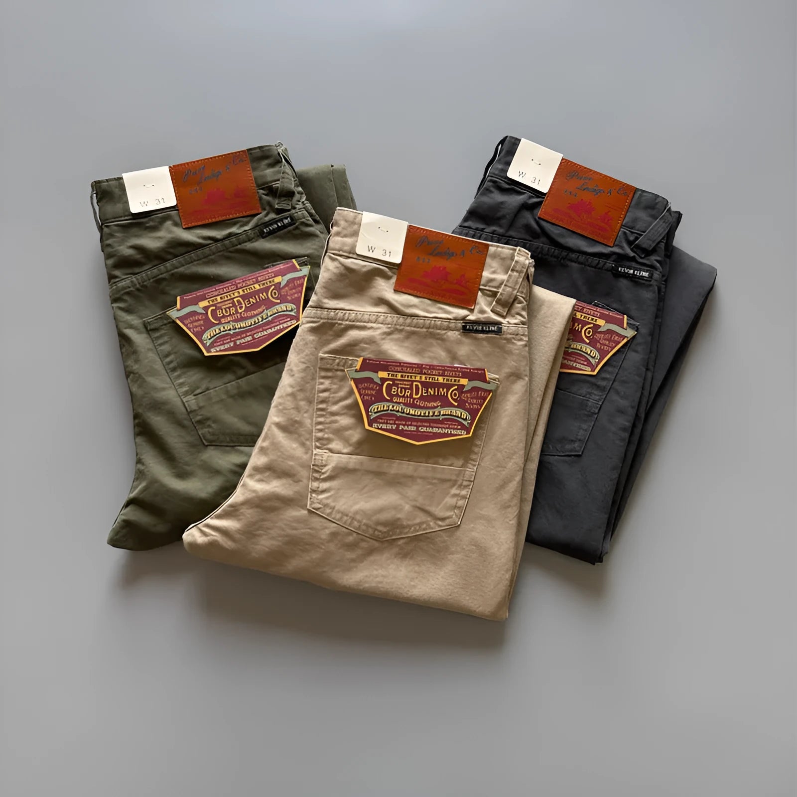 Men's straight leg casual cotton trousers in army green colour, showing mid waist and full length.