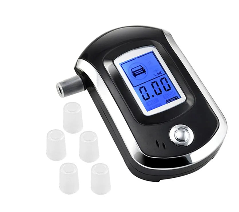 Black handheld alcohol breath tester with digital LCD screen and disposable mouthpiece