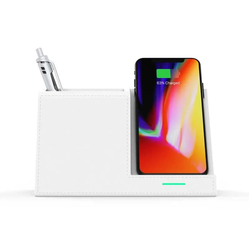 Leather desk organiser with pen holder and wireless phone charging surface
