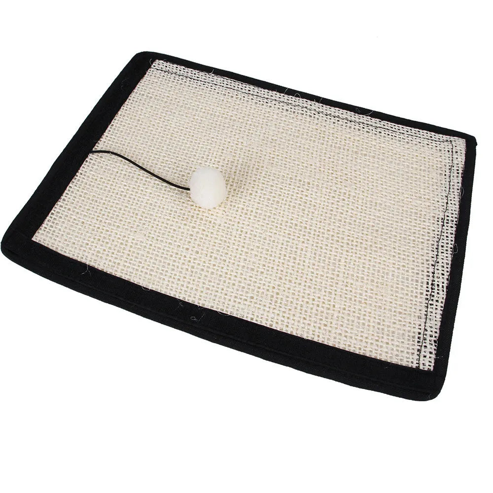 Beige cat scratch board sisal pad 40x29cm on a sofa armrest for furniture protection