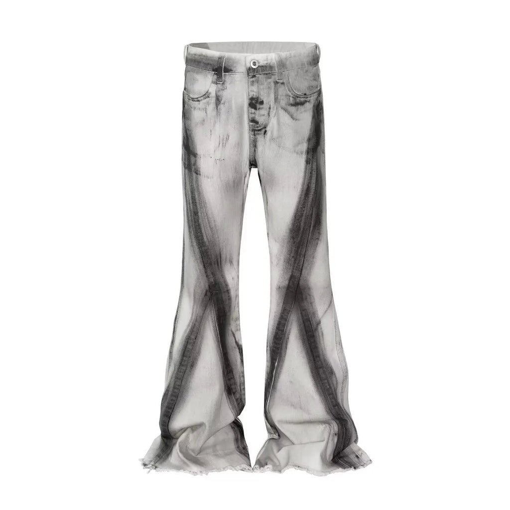 White cotton denim jeans with black ribbon gradient effect and heavy rough selvedge detailing