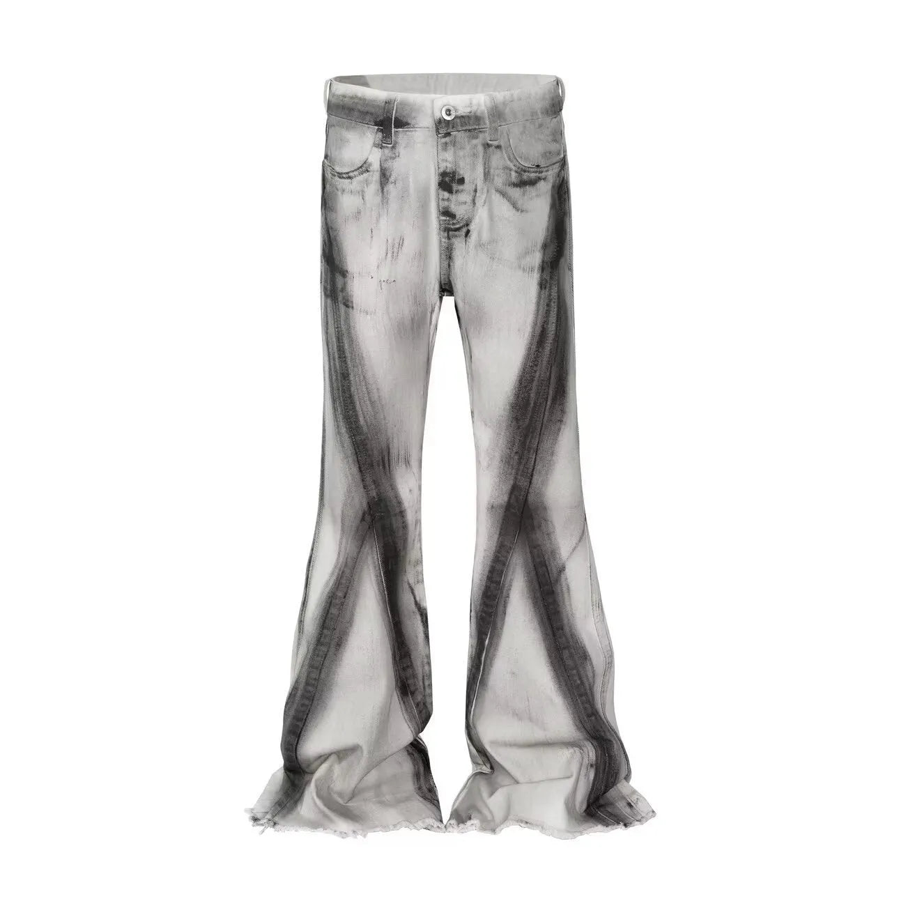 White cotton denim jeans with black ribbon gradient effect and heavy rough selvedge detailing