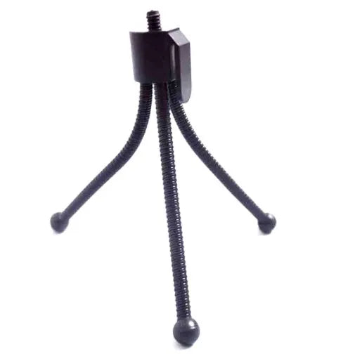 Small iron frame desktop mini tripod with telescopic legs and black ball head, shown next to a mobile phone.