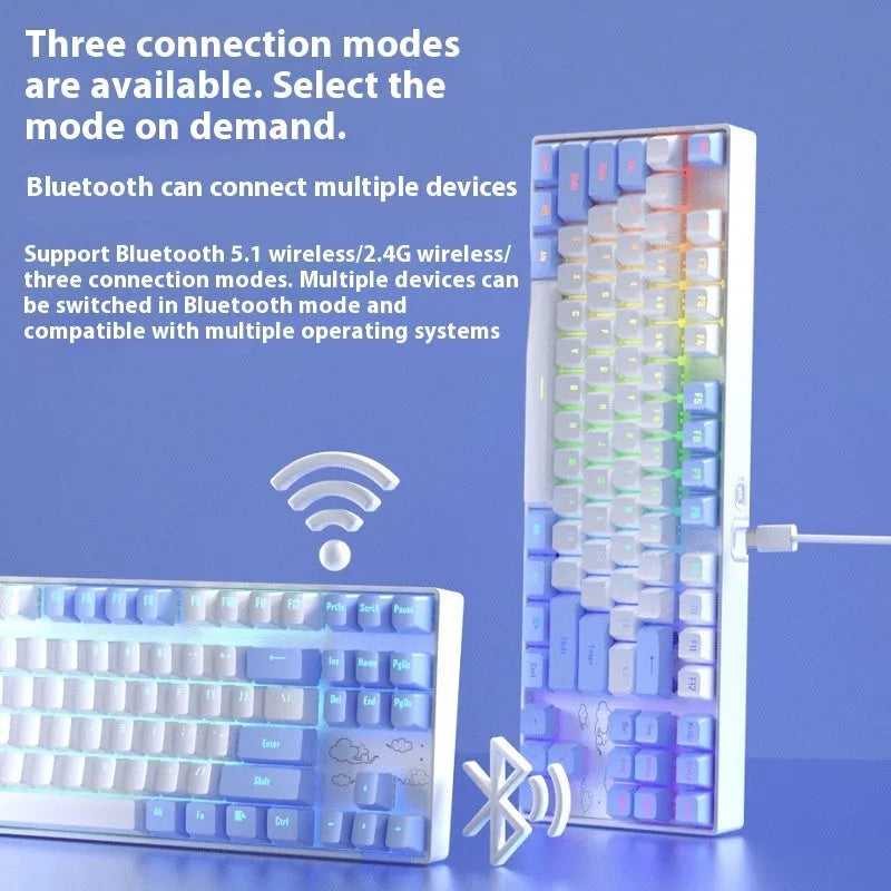 Wireless Bluetooth mechanical keyboard with metal board in purple-white or blue-white colour options