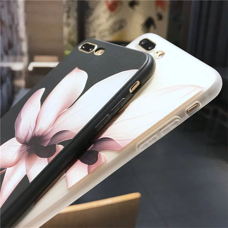 Embossed TPU phone case for iPhone with floral pattern on black back cover