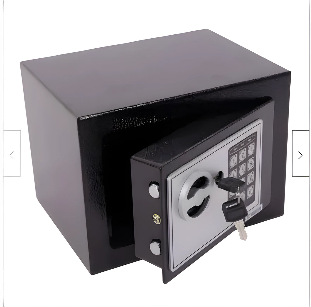 Mini office safe in black with password keypad, dimensions 230x170x170 mm, steel construction