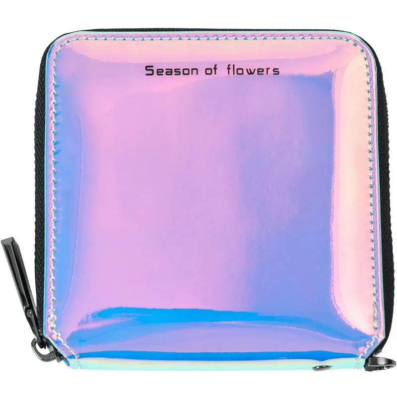 Women's short folding Korean style wallet in crystal blue, magic nail glitter, or symphony green colours showing 11cm dimensions