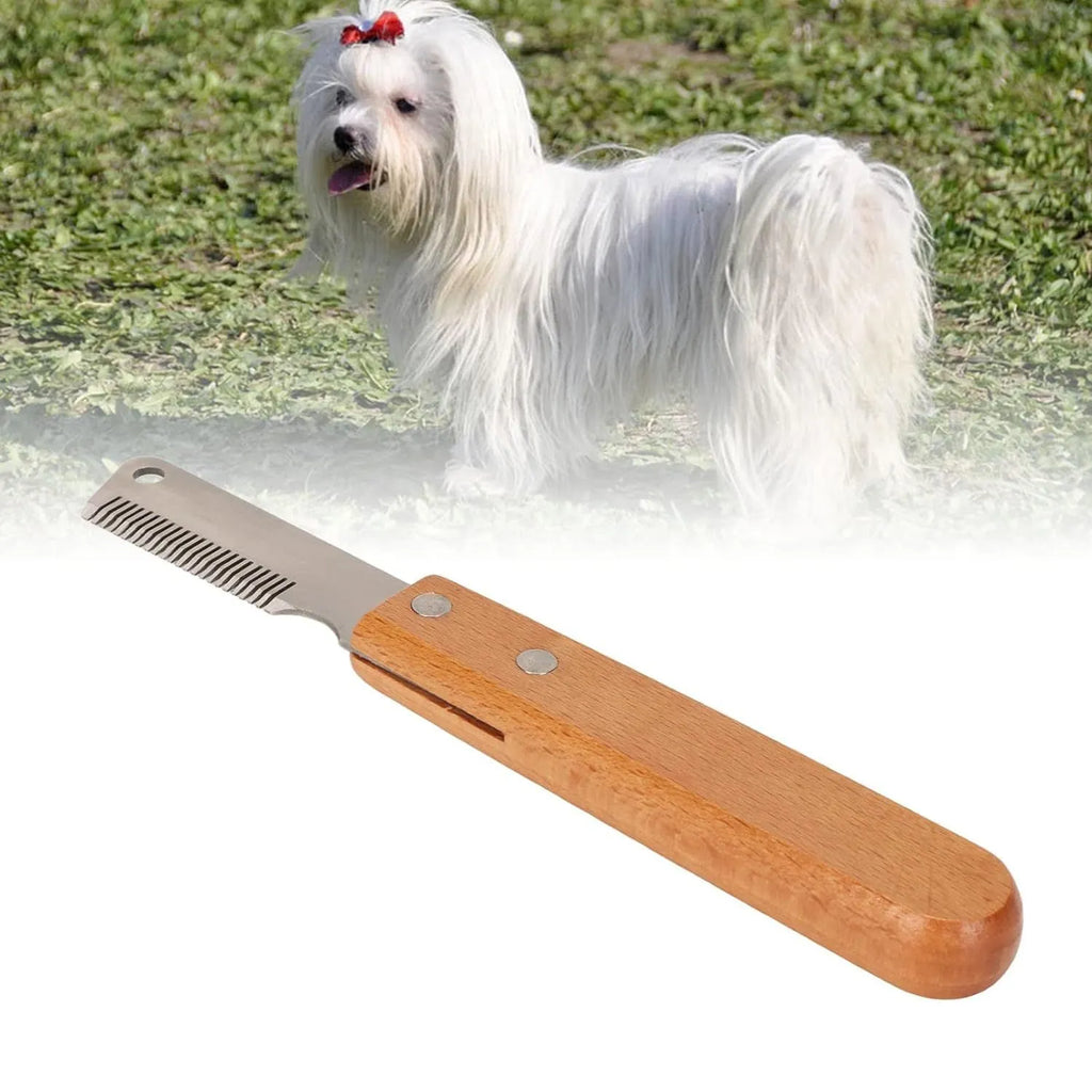 Dog stripping knife with wood handle for grooming long-haired pets in two size options