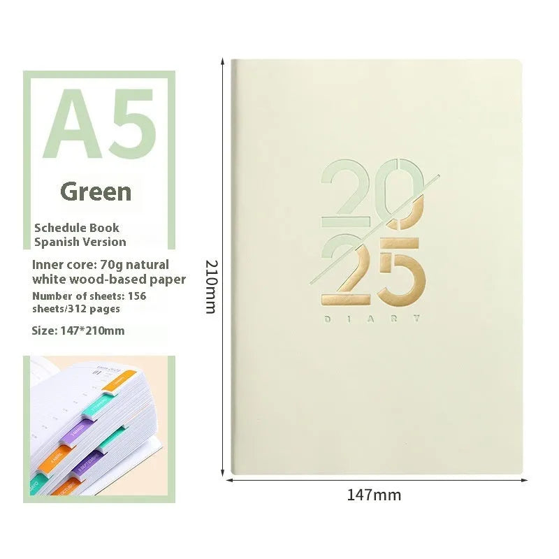 A5 2025 daily schedule book with faux leather cover in blue colour, open to show lined pages and thread binding.