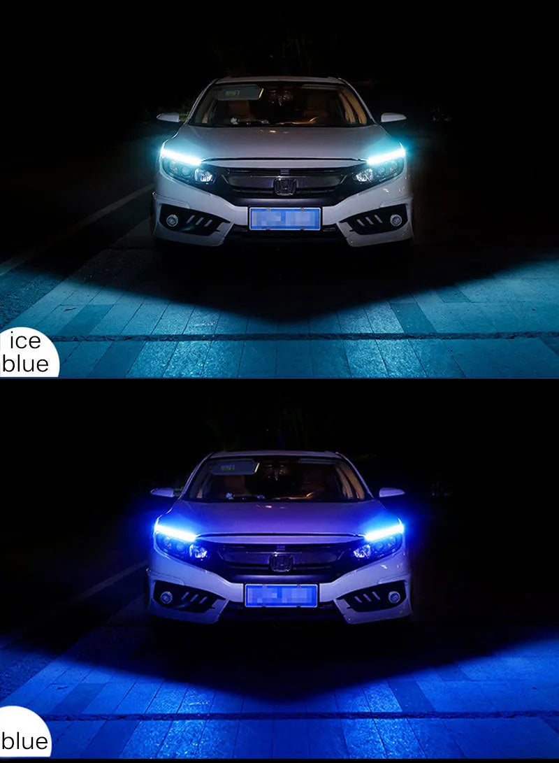Silicone car LED daytime running light strip with wires, showing flowing turn signal effect.