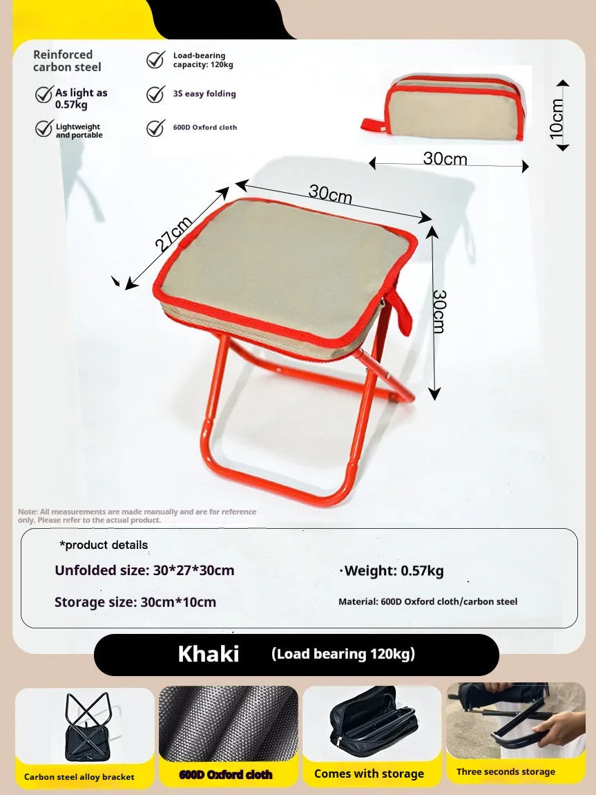 Foldable Oxford cloth camp stool shown in khaki colour with pencil box design for outdoor seating