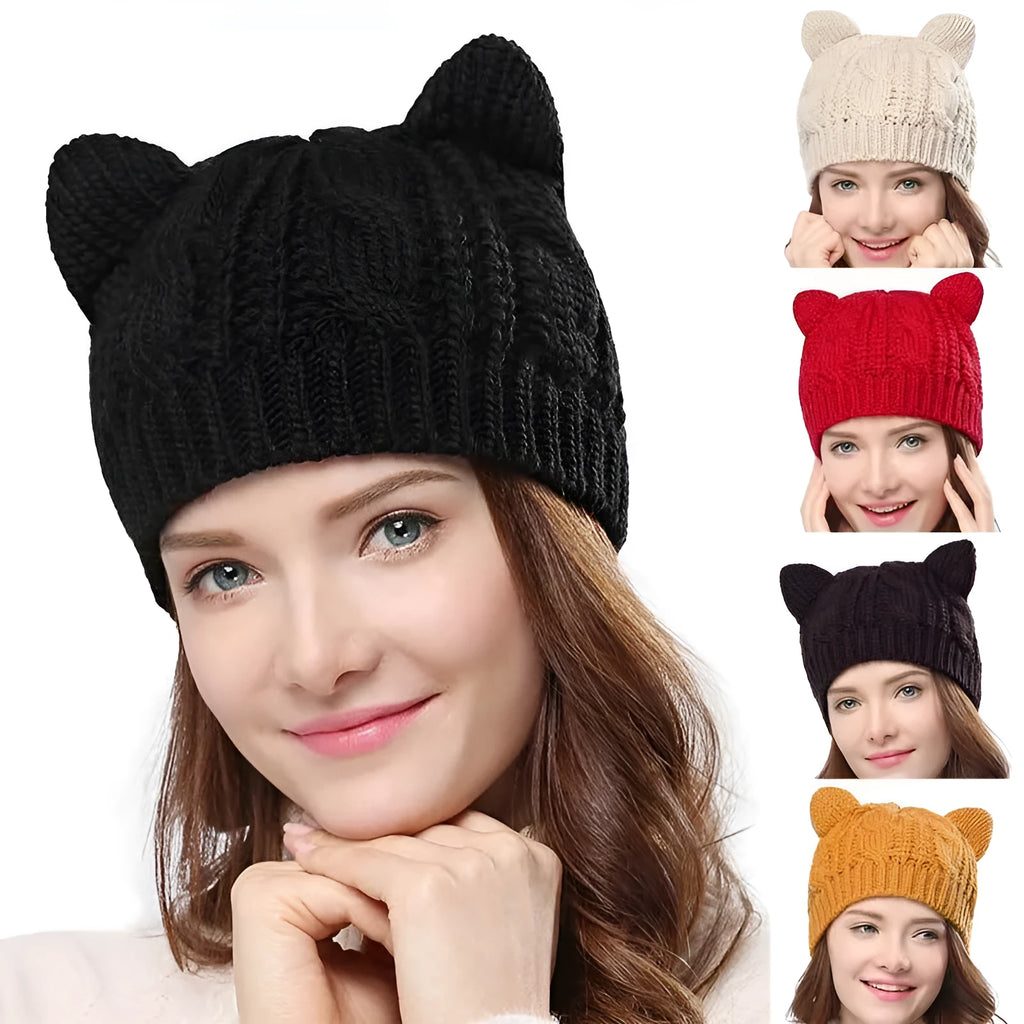 Hand-made knitted beanie hat with 3D cat ears in winter wool colours