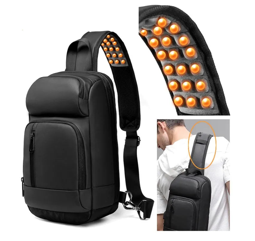 Black medium capacity outdoor shoulder bag with air cushion strap and multiple compartments
