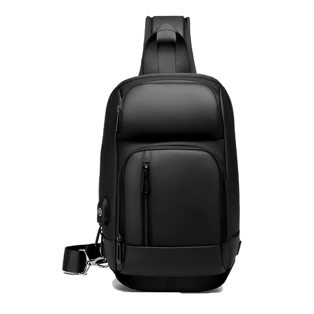 Black medium capacity outdoor shoulder bag with air cushion strap and multiple compartments
