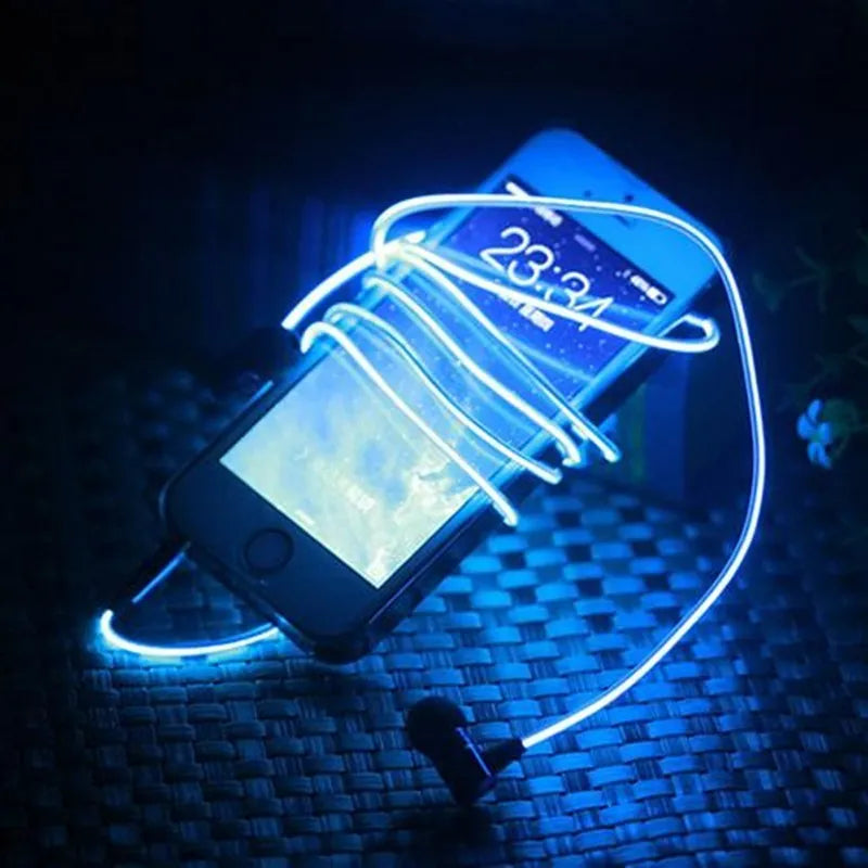 Blue Magic Light LED earphones with aluminium alloy shells and glowing cable connected to a phone.